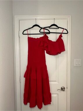 Red Two-Piece Ruffled Skirt Set